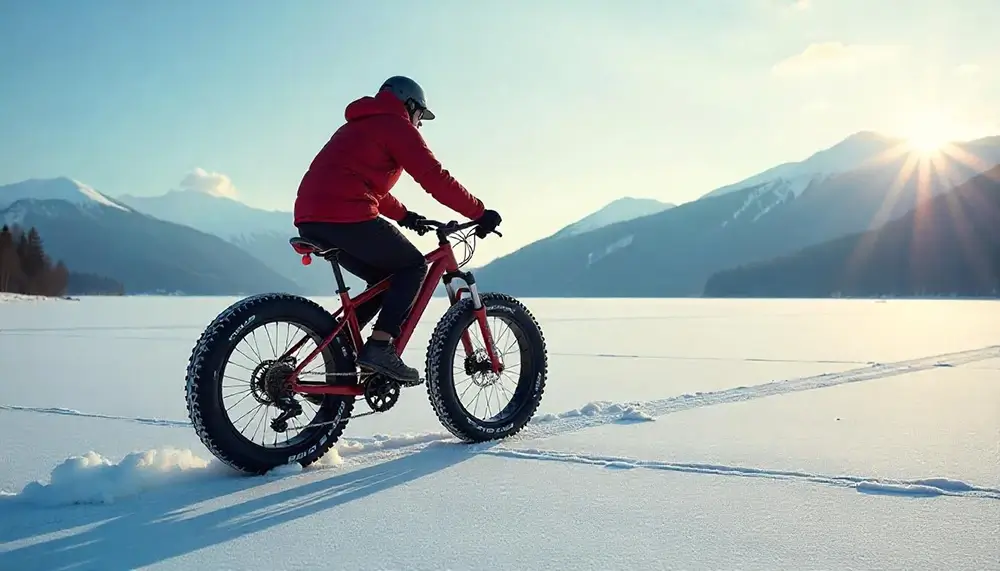 Man op fatbike rijdt door een koude winkelstraat in de herfst met jas en rugzak – relevant voor de vraag kan een fatbike tegen kou.