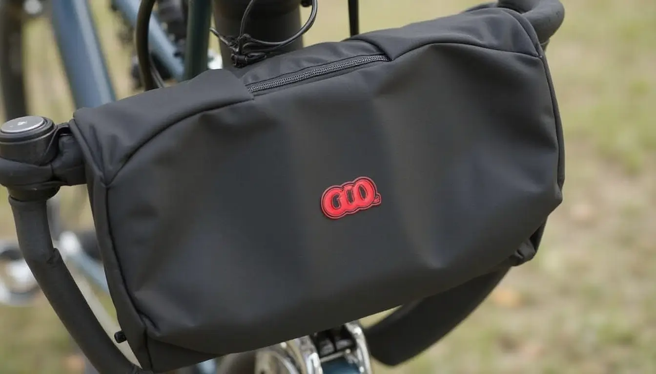 Close-up van een zwarte fietstas aan het stuur van een fatbike, mogelijk gebruikt voor oplader – relevant voor hoe moet je een fatbike opladen.