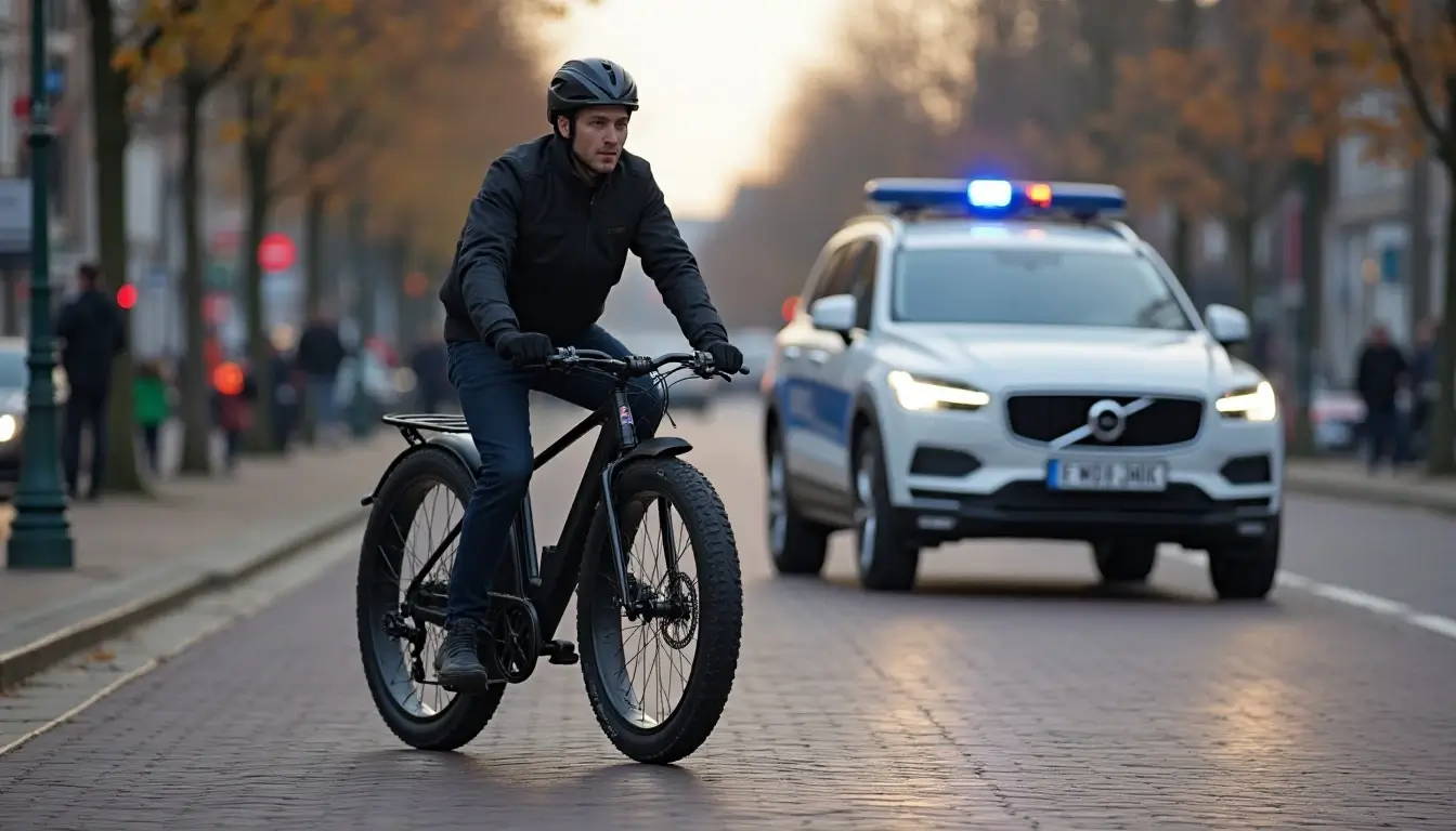 Man op fatbike rijdt door stadsstraat met politieauto op de achtergrond – situatie rond wanneer wordt een fatbike in beslag genomen.