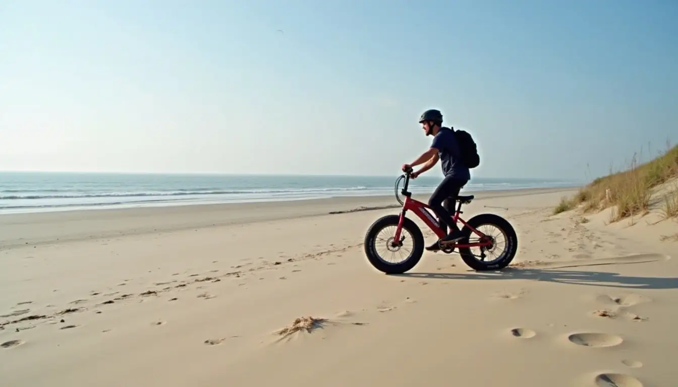 Man rijdt met een gehuurde fatbike over het strand op een zonnige dag – ideaal voor off-road fietsen langs de kust.