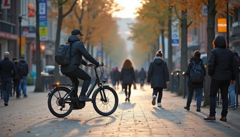Man op een moderne fiets rijdt door een drukke winkelstraat bij zonsondergang – illustratief bij de vraag is fatbike een merk.