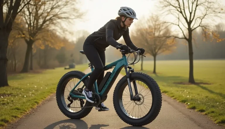Vrouw rijdt op een brede fatbike over een geasfalteerd pad in het park tijdens de herfst – focus op wat zijn de nadelen van een fatbike.